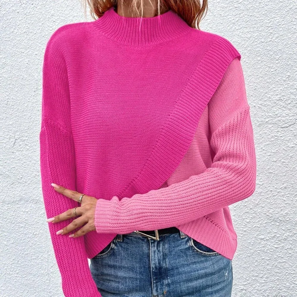 Multicolor Casual Patchwork Women's Long Sleeve Stand Collar Pullover Sweater